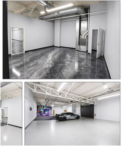 Collage showing polished open warehouse space and a vehicle bay with overhead door