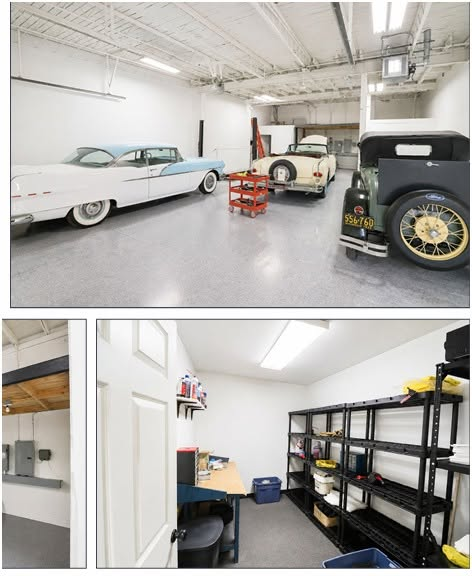 Bright indoor storage space holding three vintage vehicles